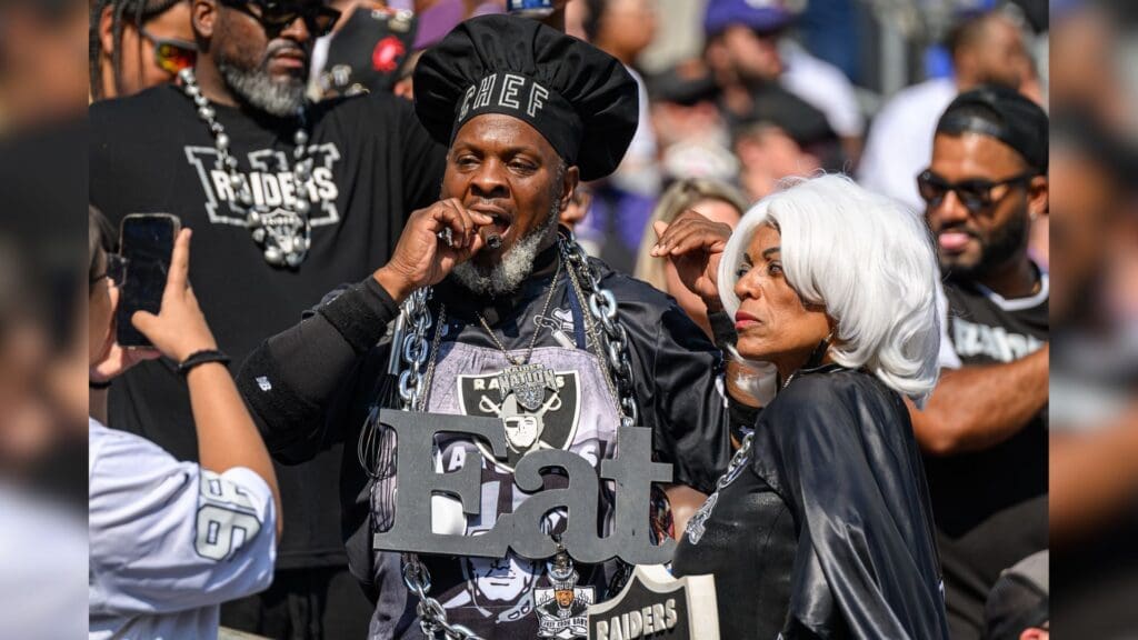 Sep 15, 2024; Baltimore, Maryland, USA; Las Vegas Raiders fans pose for a photo during the game between the Baltimore Ravens and the Las Vegas Raiders at M&T Bank Stadium.
