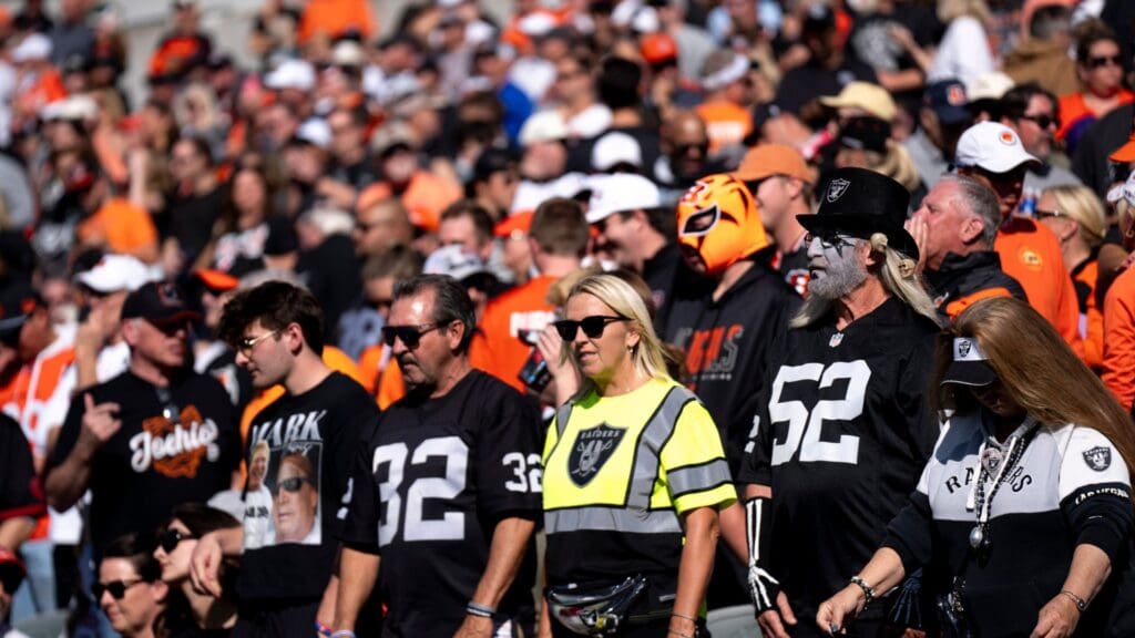 Las Vegas Raiders fans look on before the NFL game between the Cincinnati Bengals and the Las Vegas Raiders at Paycor Stadium in Cincinnati on Sunday, Nov. 3, 2024.