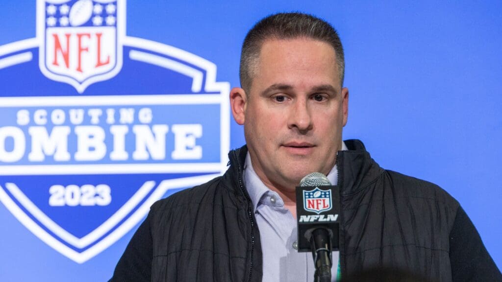 Feb 28, 2023; Indianapolis, IN, USA; Las Vegas Raiders coach Josh McDaniels speaks to the press at the NFL Combine at Lucas Oil Stadium.