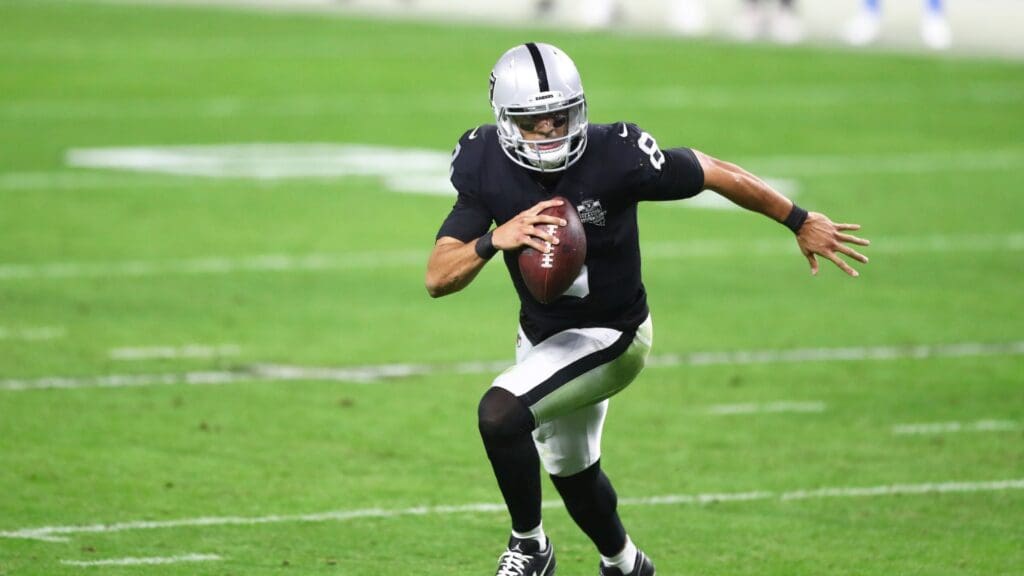 Dec 17, 2020; Paradise, Nevada, USA; Las Vegas Raiders quarterback Marcus Mariota (8) against the Los Angeles Chargers at Allegiant Stadium.