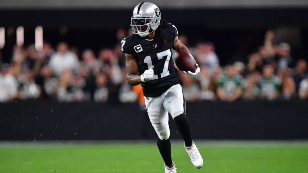 Nov 12, 2023; Paradise, Nevada, USA; Las Vegas Raiders wide receiver Davante Adams (17) runs the ball against the New York Jets during the first half at Allegiant Stadium.