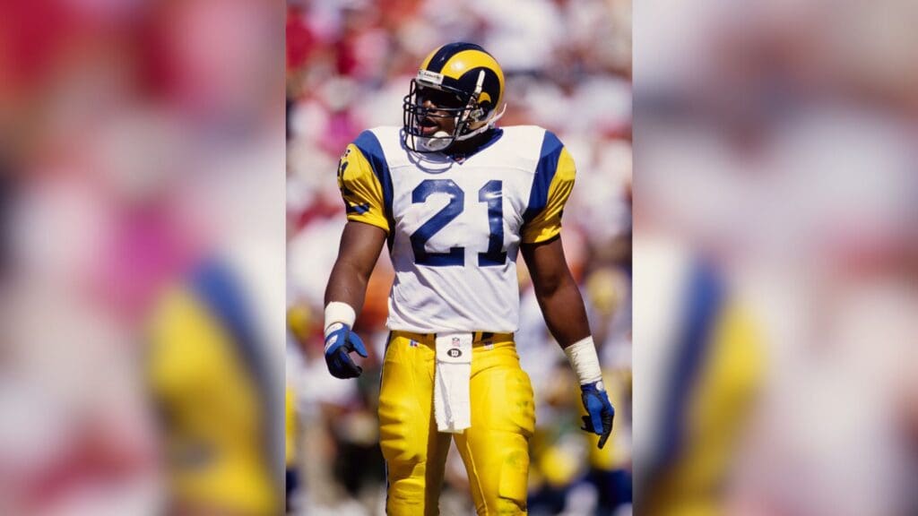 1996; Unknown location, USA; FILE PHOTO; St Louis Rams running back Lawrence Phillips on the field during the 1996 season.