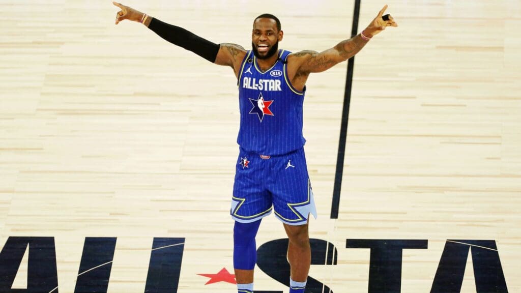 Feb 16, 2020; Chicago, Illinois, USA; Team LeBron forward LeBron James of the Los Angeles Lakers reacts after winning the 2020 NBA All Star Game at United Center. 