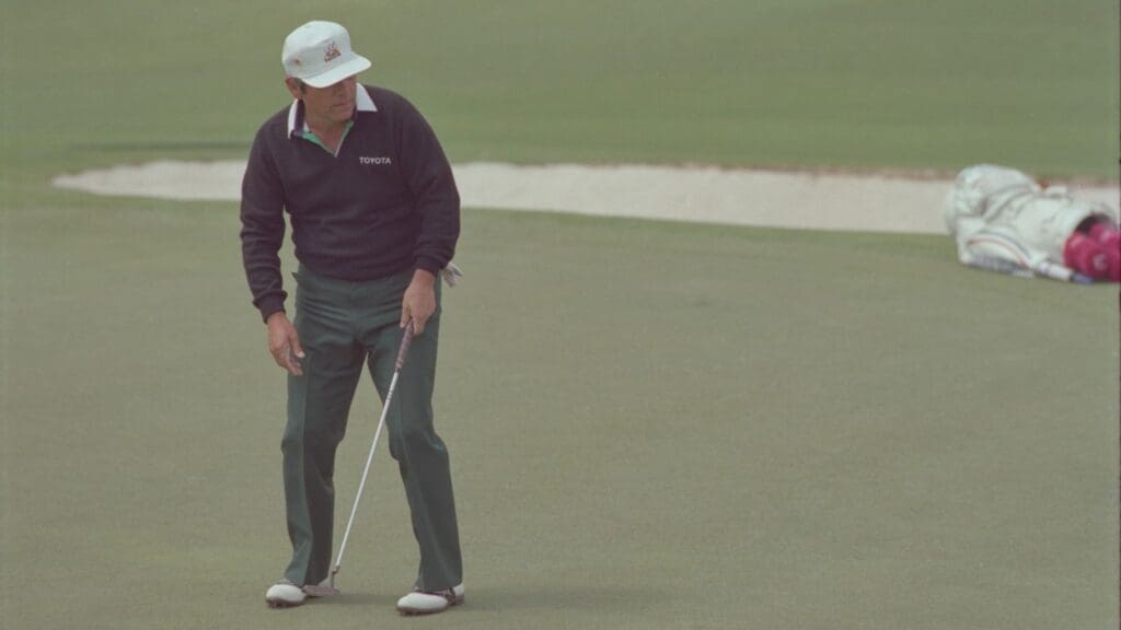 04/09/1989; Augusta, Georgia, USA; Lee Trevino on a green at the Augusta National Golf Course during the 1989 Masters.