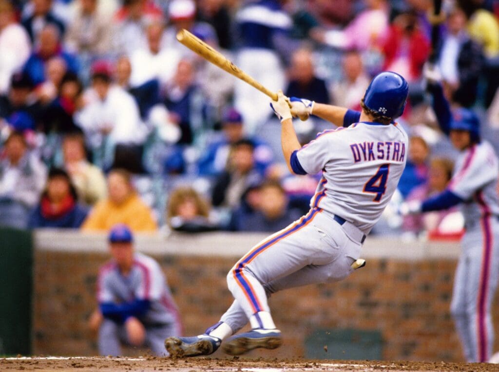 Sep 1987, Chicago, IL, USA; FILE PHOTO; New York Mets center fielder Lenny Dykstra (4) in action at the plate against the Chicago Cubs at Wrigley Field during the 1987 season.
