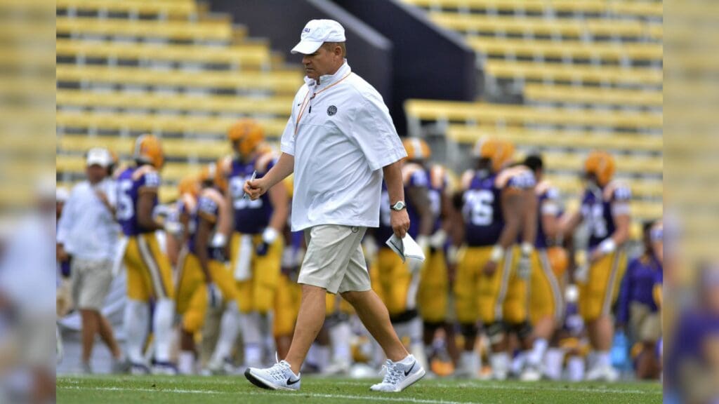 Apr 16, 2016; Baton Rouge, LA, USA; LSU Tigers head coach Les Miles walks across the field during the Spring Game at Tiger Stadium.