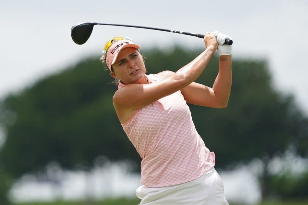 Jun 21, 2025; Frisco, Texas, USA; Lexi Thompson plays her shot from the sixth tee during the third round of the KPMG Women's PGA Championship.