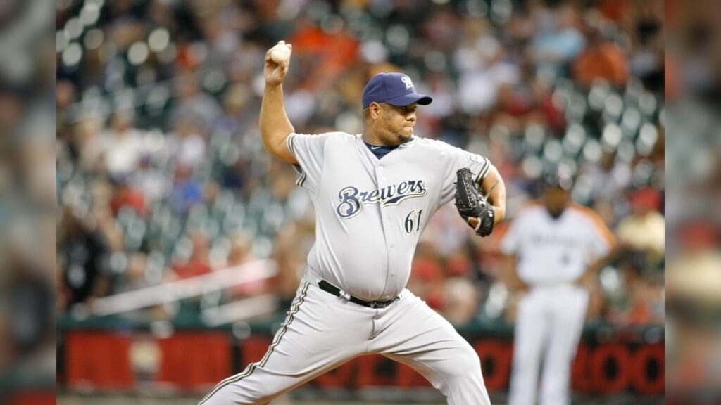 July 6, 2012; Houston, TX, USA; Milwaukee Brewers starting pitcher Livan Hernandez (61) throws a pitch against the Houston Astros in the eighth inning at Minute Maid Park. The Brewers defeated the Astros 7-1.