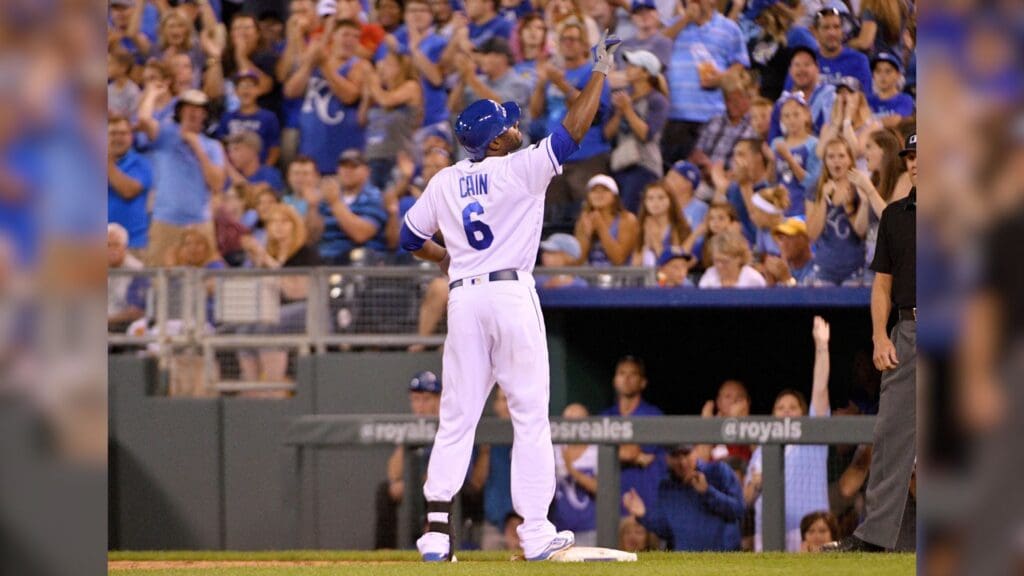 Aug 3, 2017; Kansas City, MO, USA; Kansas City Royals center fielder Lorenzo Cain (6) celebrates after hitting a one run single in the seventh inning against the Seattle Mariners at Kauffman Stadium.