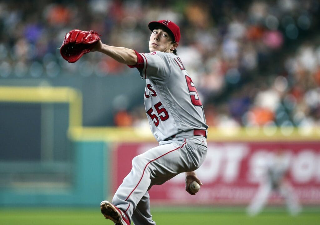 Jul 24, 2016; Houston, TX, USA; Los Angeles Angels starting pitcher Tim Lincecum (55) delivers a pitch during the second inning against the Houston Astros at Minute Maid Park.