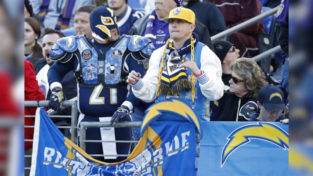 Jan 6, 2019; Baltimore, MD, USA; Los Angeles Chargers fans watch in the stands against the Baltimore Ravens in the fourth quarter in a AFC Wild Card playoff football game at M&T Bank Stadium. The Chargers won 23-17.