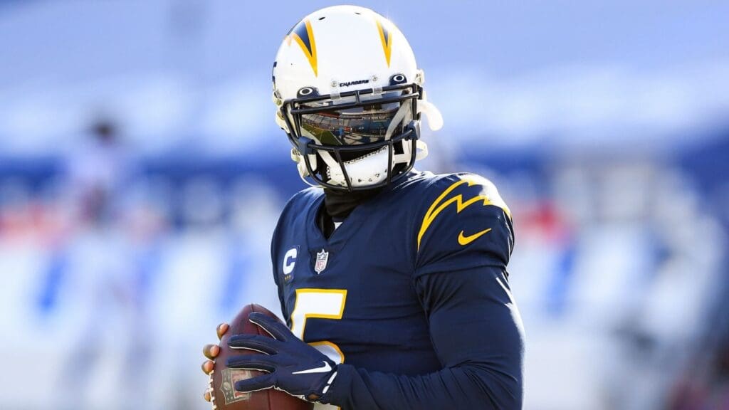 Nov 29, 2020; Orchard Park, New York, USA; Los Angeles Chargers quarterback Tyrod Taylor (5) warms up prior to the game against the Buffalo Bills at Bills Stadium.