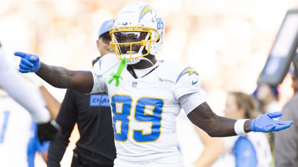 Nov 3, 2024; Cleveland, Ohio, USA; Los Angeles Chargers wide receiver Jalen Reagor (89) celebrates against the Cleveland Browns during the fourth quarter at Huntington Bank Field.