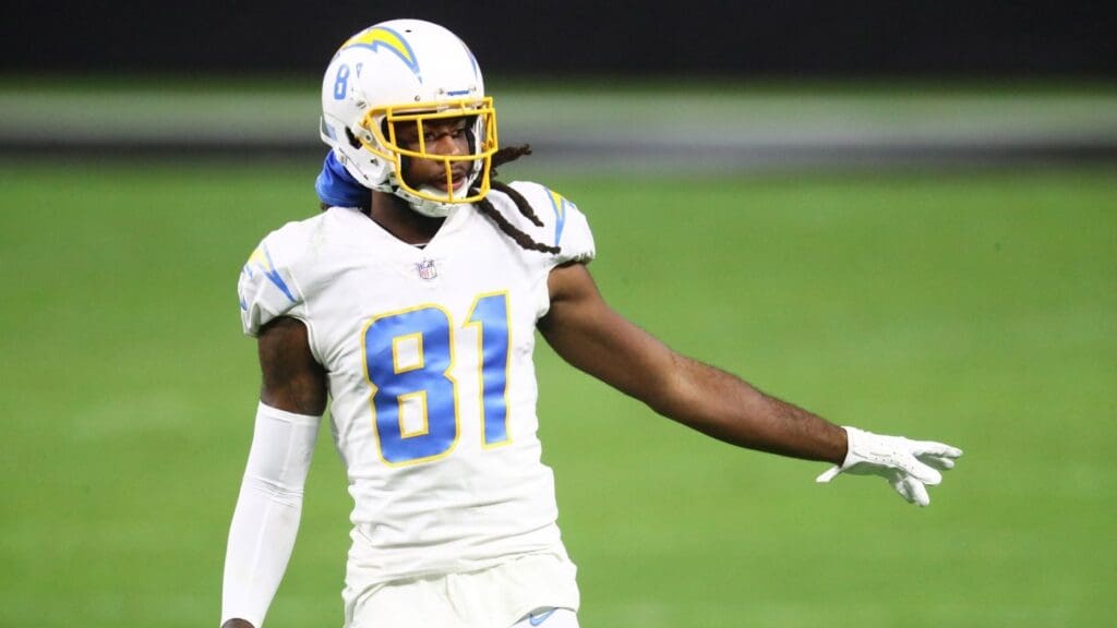 Dec 17, 2020; Paradise, Nevada, USA; Los Angeles Chargers wide receiver Mike Williams (81) against the Las Vegas Raiders at Allegiant Stadium.