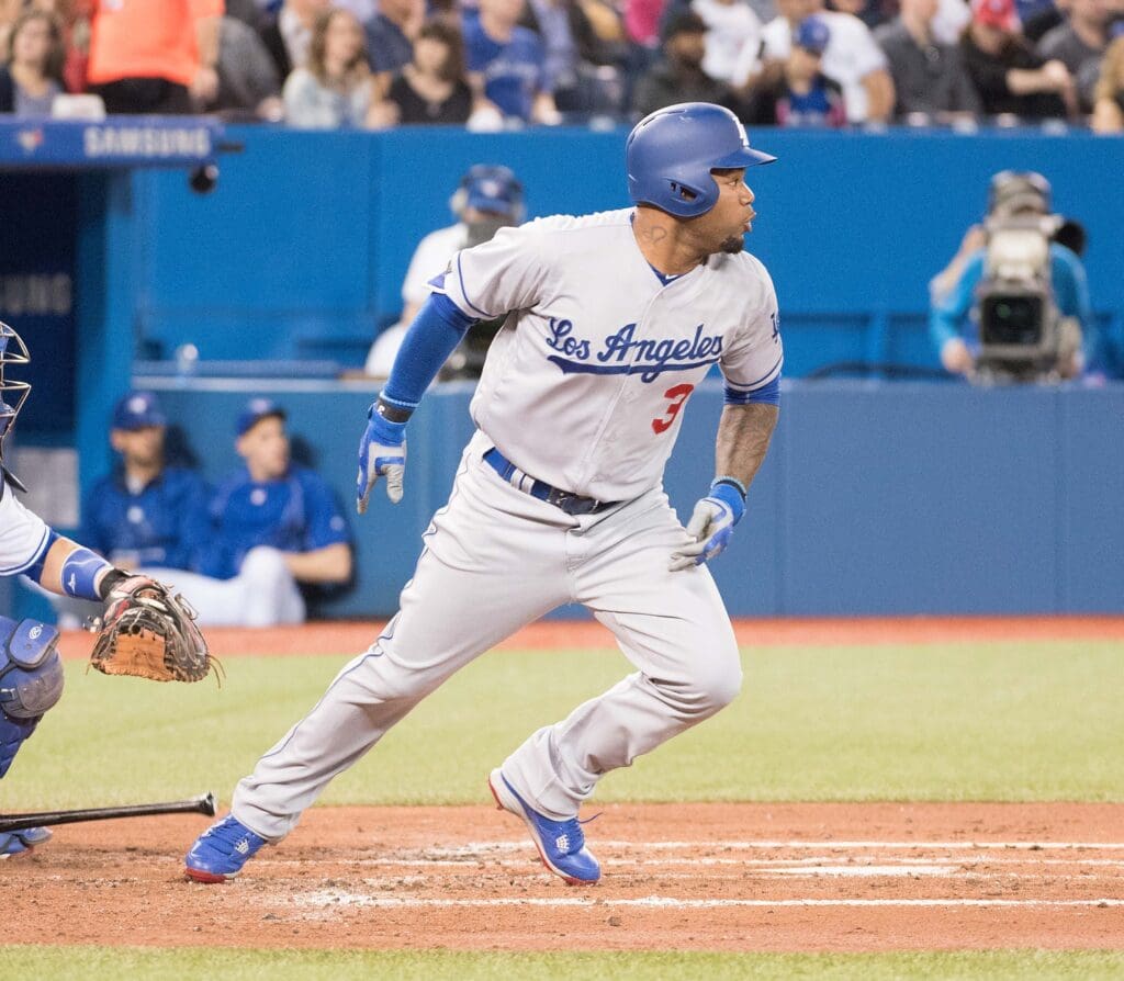 May 6, 2016; Toronto, Ontario, CAN; Los Angeles Dodgers left fielder Carl Crawford (3) reacts after hitting a single during the third inning in a game against the Toronto Blue Jays at Rogers Centre. The Toronto Blue Jays won 5-2.