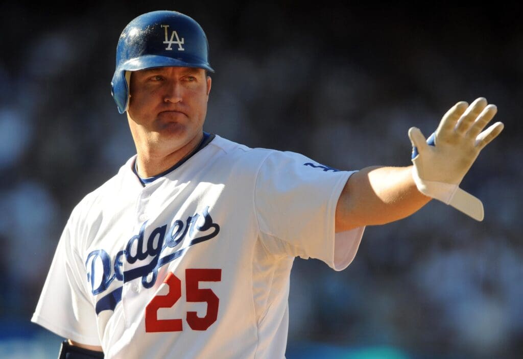 October 16, 2009; Los Angeles, CA, USA; Los Angeles Dodgers pinch hitter Jim Thome (25) reacts after singling during the eighth inning of game two of the 2009 NLCS against the Philadelphia Phillies at Dodger Stadium. 