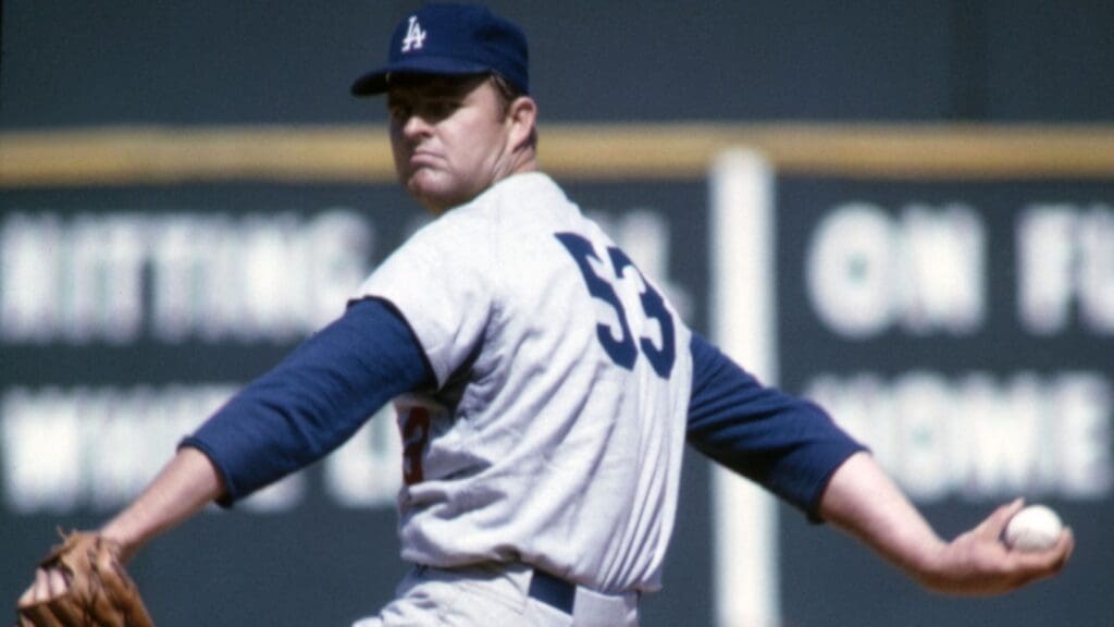 May 1966; Cincinnati, OH; USA; FILE PHOTO; Los Angeles Dodgers pitcher Don Drysdale (53) delivers a pitch against the Cincinnati Reds pitch at Crosley Field