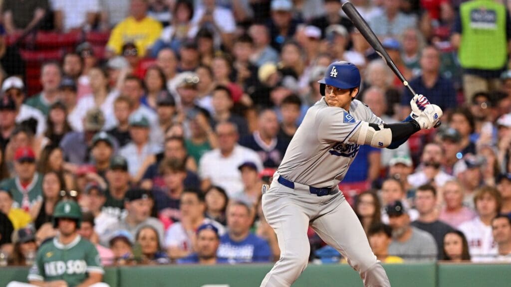 Jul 25, 2025; Boston, Massachusetts, USA; Los Angeles Dodgers starting pitcher Shohei Ohtani (17) bats against the Boston Red Sox during the third inning at Fenway Park.