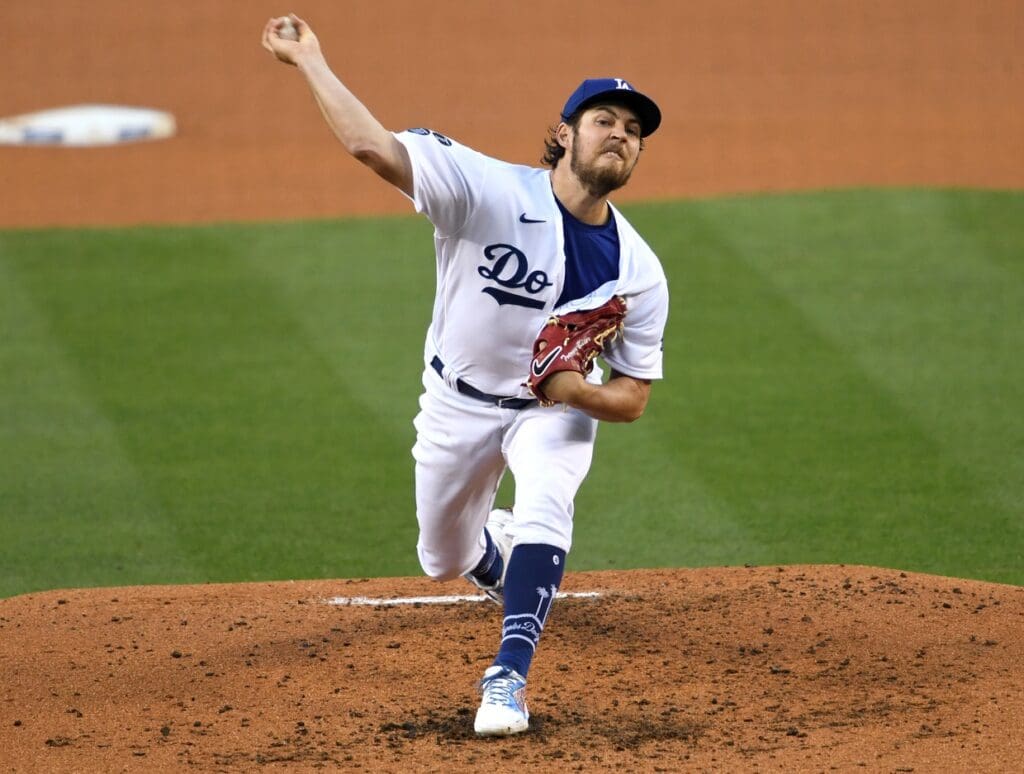 Apr 24, 2021; Los Angeles, California, USA; Los Angeles Dodgers starting pitcher Trevor Bauer (27) in the third inning of the game against the San Diego Padres at Dodger Stadium.
