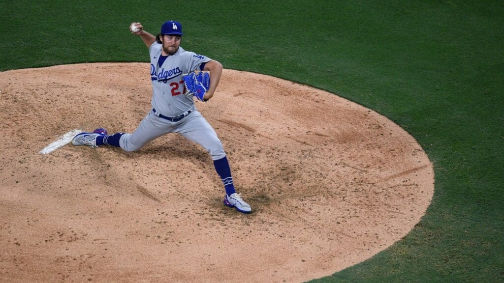 Jun 23, 2021; San Diego, California, USA; Los Angeles Dodgers starting pitcher Trevor Bauer (27) throws a pitch against the San Diego Padres during the fourth inning at Petco Park.
