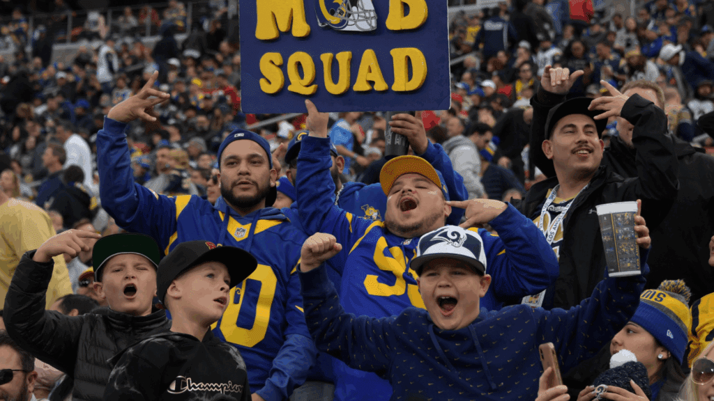 Dec 29, 2019; Los Angeles, California, USA; Los Angeles Rams fans hold Mob Squad sign during the Rams final home game at Los Angeles Memorial Coliseum before moving to SoFi Stadium for the 2020 season. The Rams defeated the Arizona Cardinals 31-24