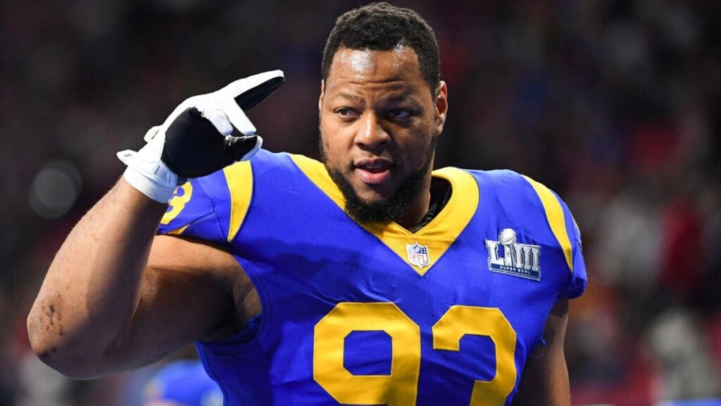 Feb 3, 2019; Atlanta, GA, USA; Los Angeles Rams nose tackle Ndamukong Suh (93) reacts during warm-ups before Super Bowl LIII against the New England Patriots at Mercedes-Benz Stadium.