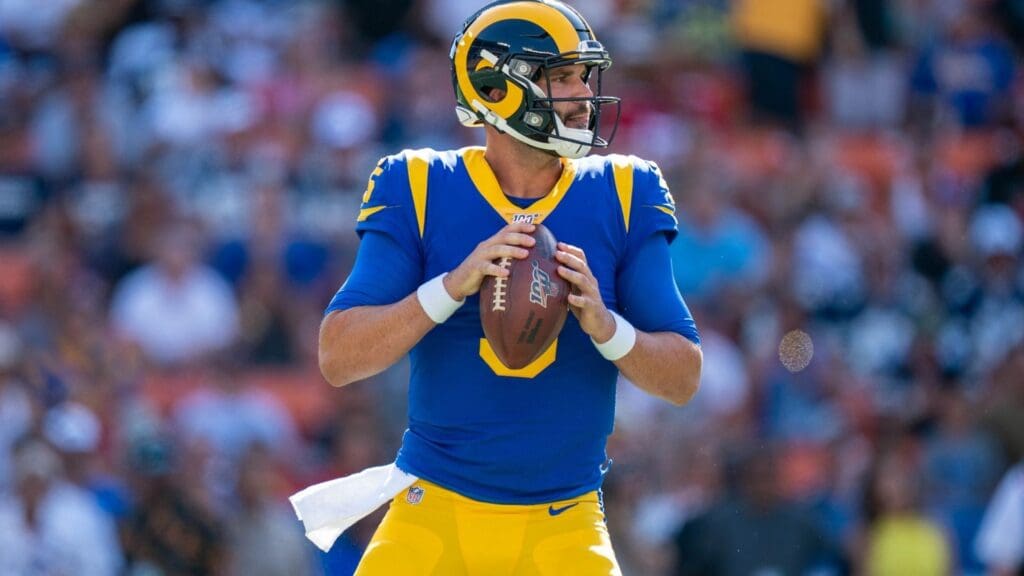 August 17, 2019; Honolulu, HI, USA; Los Angeles Rams quarterback Blake Bortles (5) during the first quarter against the Dallas Cowboys at Aloha Stadium.