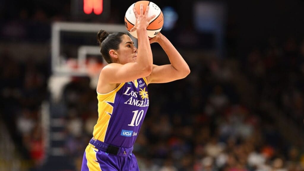 Jul 22, 2025; Washington, District of Columbia, USA; Los Angeles Sparks guard Kelsey Plum (10) attempts a jump shot against the Washington Mystics during the first quarter at CareFirst Arena.