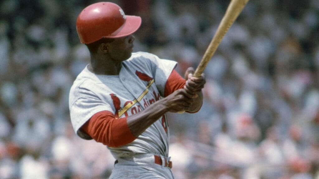 Aug 1967; Cincinnati, OH, USA; FILE PHOTO; St. Louis Cardinals left fielder Lou Brock in action at Crosley Field during the 1967 season.