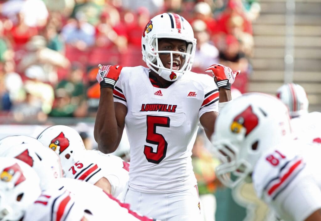 November 25, 2011; Tampa, FL, USA; Louisville Cardinals quarterback Teddy Bridgewater (5) calls a play during the first quarter of their game against the South Florida Bulls at Raymond James Stadium.