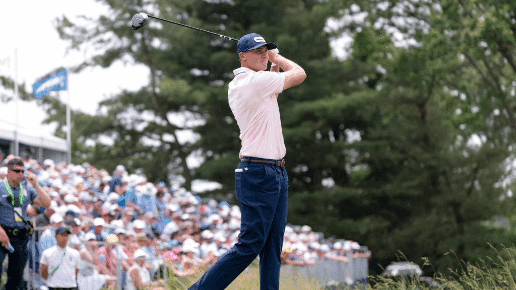 Jun 13, 2025; Oakmont, Pennsylvania, USA; Ludvig Aberg plays his shot from the third tee during the second round of the U.S. Open golf tournament.