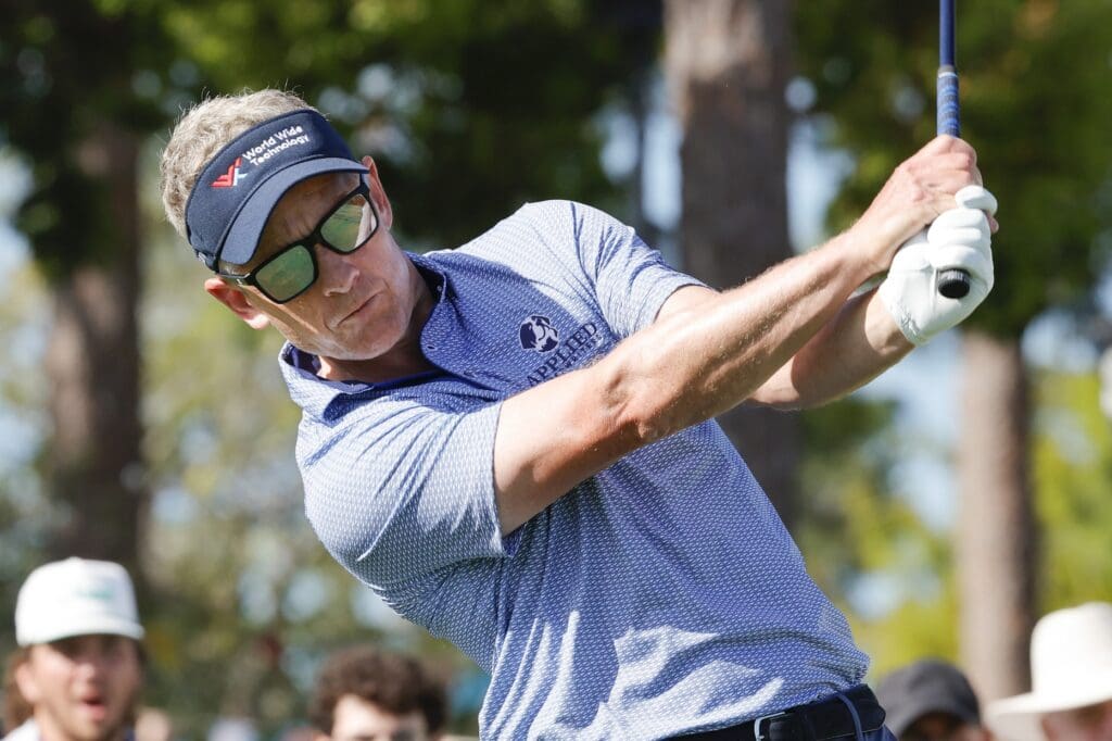 Mar 20, 2025; Palm Harbor, Florida, USA; Luke Donald plays his shot from the first tee during the first round of the Valspar Championship golf tournament at Innisbrook Resort.
