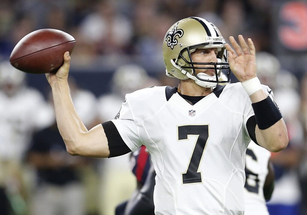 Aug 20, 2016; Houston, TX, USA; New Orleans Saints quarterback Luke McCown (7) looks to pass against the Houston Texans in the second half at NRG Stadium. Texans won 16 to 9.