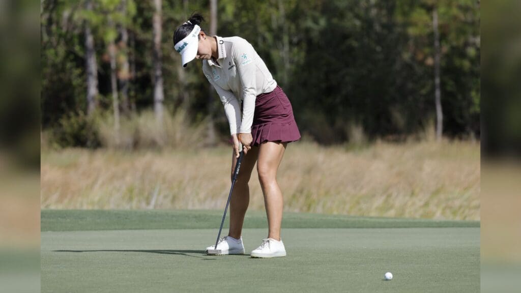 Dec 15, 2024; Naples, Florida, [USA]; Lydia Ko rolls her putt on the eighth green during final round play of the Grant Thornton Invitational at Tiburón Golf Club.