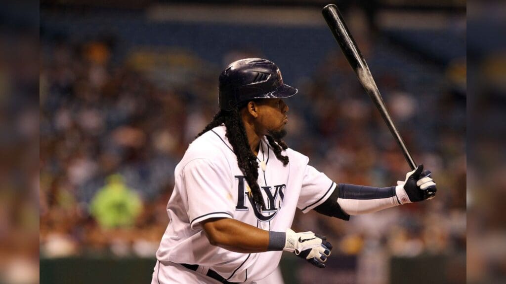 April 5, 2011; St. Petersburg, FL, USA; Tampa Bay Rays left fielder Manny Ramirez (24) at bat during the game against the Los Angeles Angels at Tropicana Field. Los Angeles Angels defeated Tampa Bay Rays 5-3.