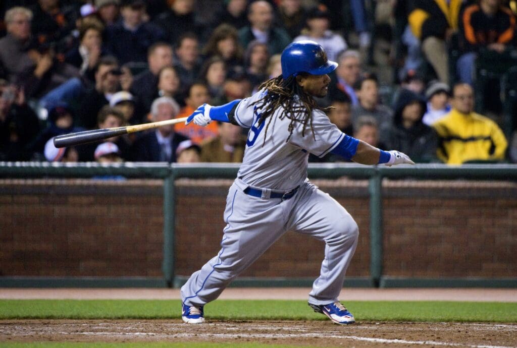 April 27, 2009; San Francisco, CA, USA; Los Angeles Dodgers outfielder Manny Ramirez (99) hits an RBI-single during the seventh inning against the San Francisco Giants at AT&T Park. Dodgers infielder Rafael Furcal (not pictured) scored on the play.
