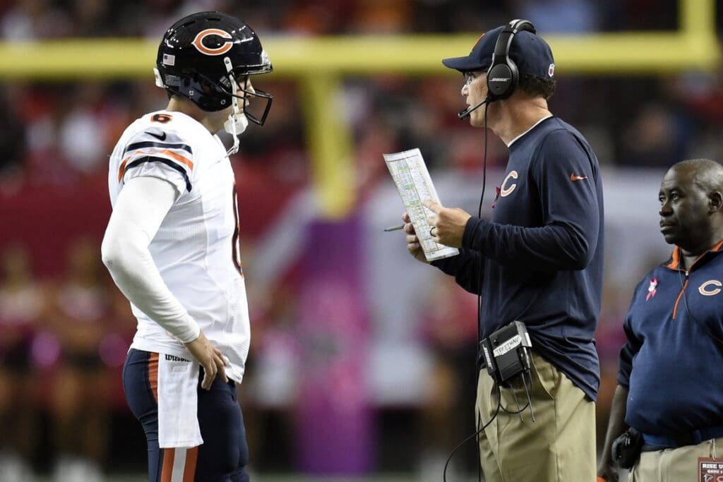 Oct 12, 2014; Atlanta, GA, USA; Chicago Bears quarterback Jay Cutler (6) talks to head coach Marc Trestman against the Atlanta Falcons during the first half at the Georgia Dome. The Bears defeated the Falcons 27-13.