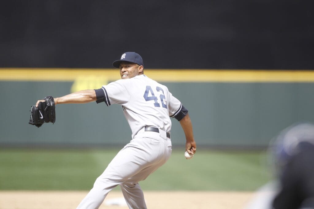 Jun 8, 2013; Seattle, WA, USA; New York Yankees pitcher Mariano Rivera (42) throws against the Seattle Mariners during the ninth inning at Safeco Field.