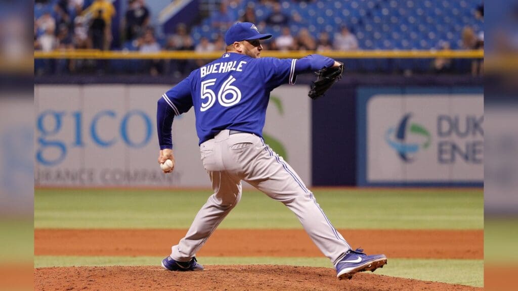 Apr 2, 2014; St. Petersburg, FL, USA; Toronto Blue Jays starting pitcher Mark Buehrle (56) throws a pitch against the Tampa Bay Rays at Tropicana Field. Toronto Blue Jays defeated the Tampa Bay Rays 3-0.