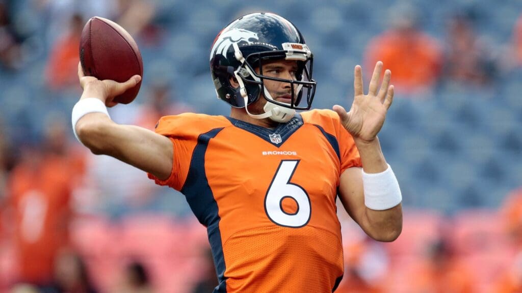 Aug 27, 2016; Denver, CO, USA; Denver Broncos quarterback Mark Sanchez (6) warms up prior to the game against the Los Angeles Rams at Sports Authority Field at Mile High