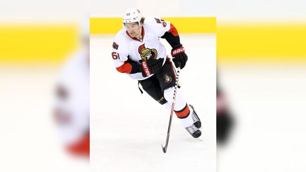 Sep 15, 2013; Winnipeg, Manitoba, CAN; Ottawa Senators forward Mark Stone (61) during the first period against the Winnipeg Jets at MTS Centre.