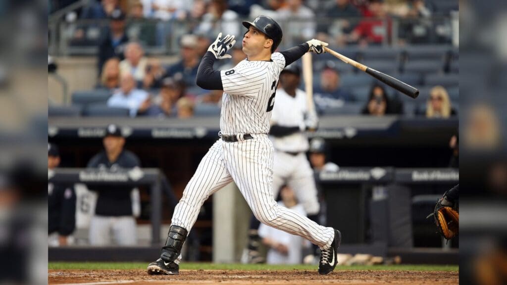 Oct 2, 2016; Bronx, NY, USA; New York Yankees first baseman Mark Teixeira (25) takes a swing in the final at-bat of his Major League career at Yankee Stadium against the Baltimore Orioles.