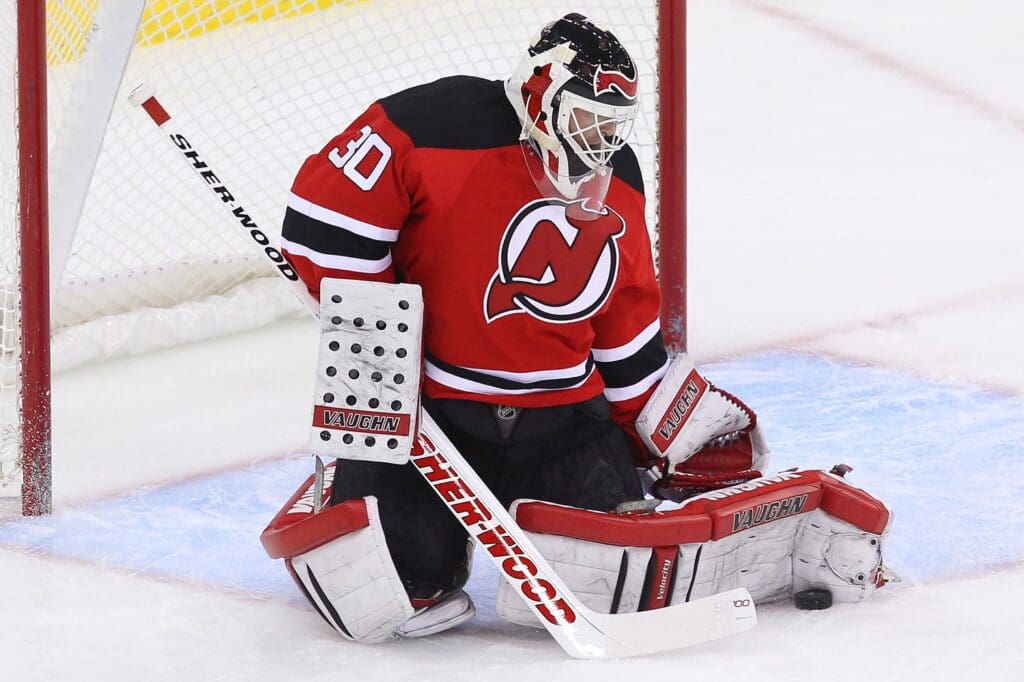 Apr 6, 2013; Newark, NJ, USA; New Jersey Devils goalie Martin Brodeur (30) makes a save during the first period of their game against the Toronto Maple Leafs at the Prudential Center.