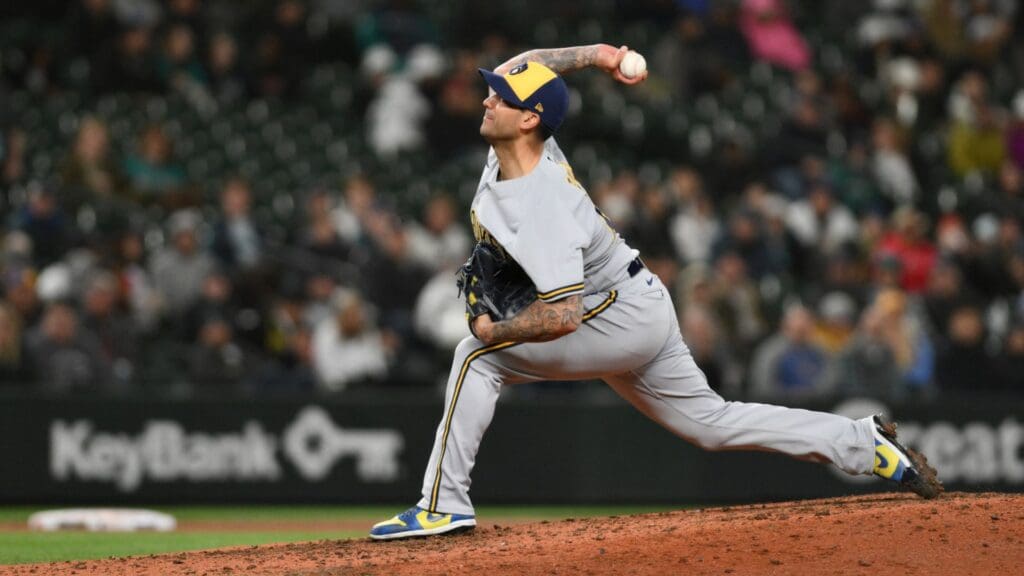 Apr 18, 2023; Seattle, Washington, USA; Milwaukee Brewers relief pitcher Matt Bush (21) pitches to the Seattle Mariners during the eighth inning at T-Mobile Park.