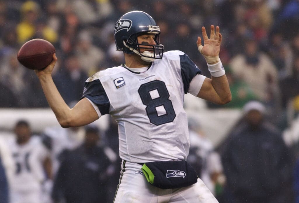 December 2, 2007; Philadelphia, PA USA; Seattle Seahawks quarterback Matt Hasselbeck throws a pass during the game against the Philadelphia Eagles at Lincoln Financial Field in Philadelphia.