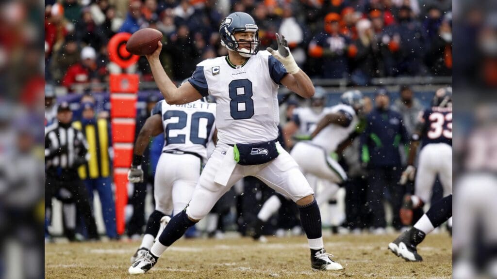 Jan 16, 2011; Chicago, IL, USA; Seattle Seahawks quarterback Matt Hasselbeck (8) throws a pass during the first quarter of the 2011 NFC divisional playoff game against the Chicago Bears at Soldier Field.