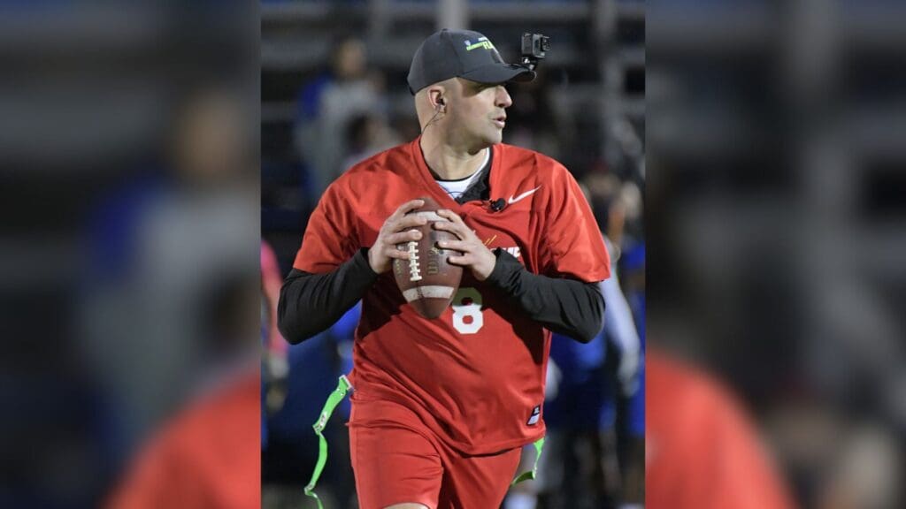 Jan 25, 2019; Kissimmee, FL, USA; Matt Hasselbeck throws a pass during the Play Football Celebrity Flag Game at ESPN Wide World of Sports Complex.