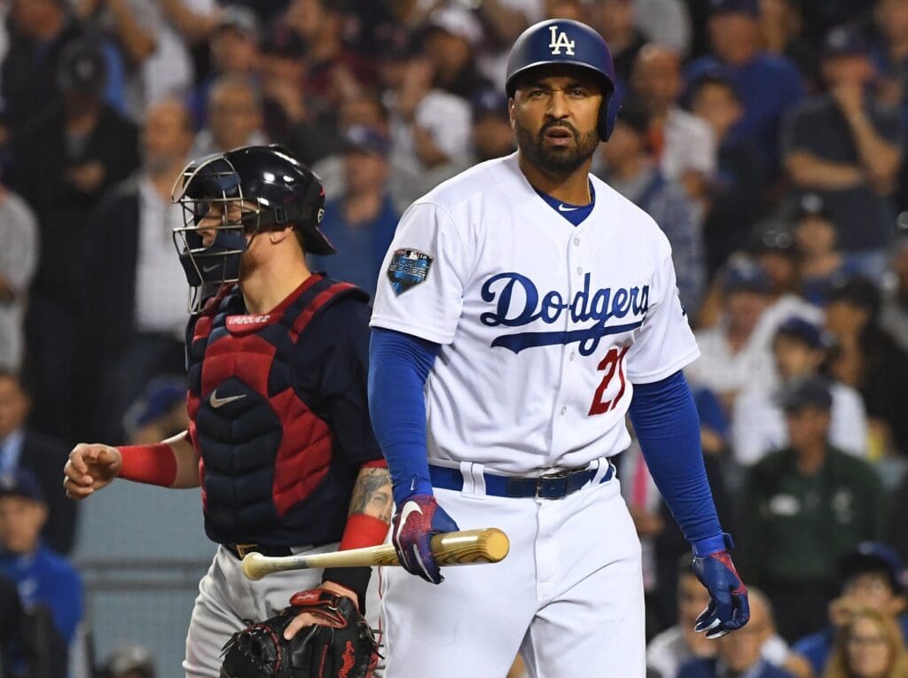 Oct 28, 2018; Los Angeles, CA, USA; Los Angeles Dodgers batter Matt Kemp reacts after striking out against the Boston Red Sox in the eighth inning in game five of the 2018 World Series at Dodger Stadium.