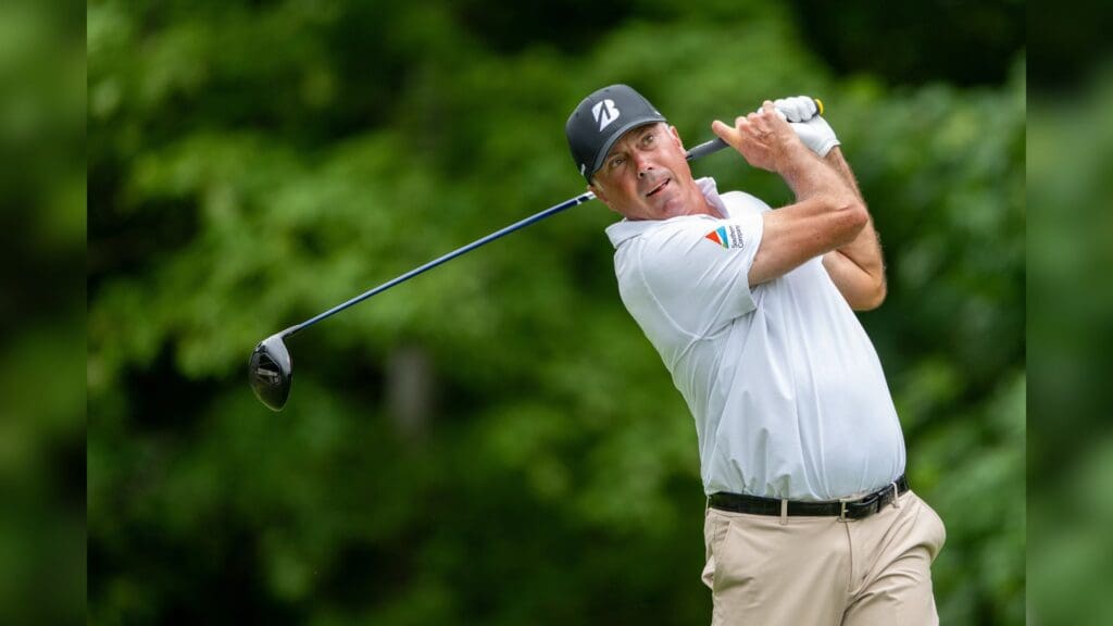 Jul 6, 2025; Silvis, Illinois, USA; Matt Kuchar tees off on the 2nd hole during the final round of the John Deere Classic golf tournament.