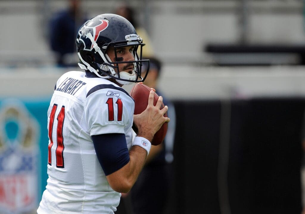 Nov 27, 2011; Jacksonville, FL, USA; Houston Texans quarterback Matt Leinart (11) warms up before the game against the Jacksonville Jaguars at EverBank Field.